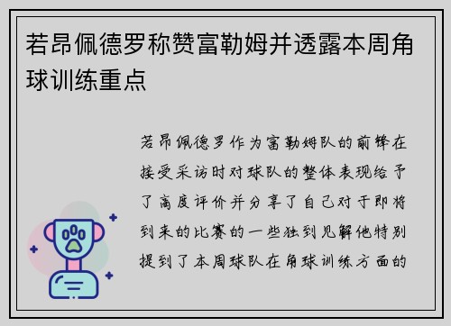 若昂佩德罗称赞富勒姆并透露本周角球训练重点